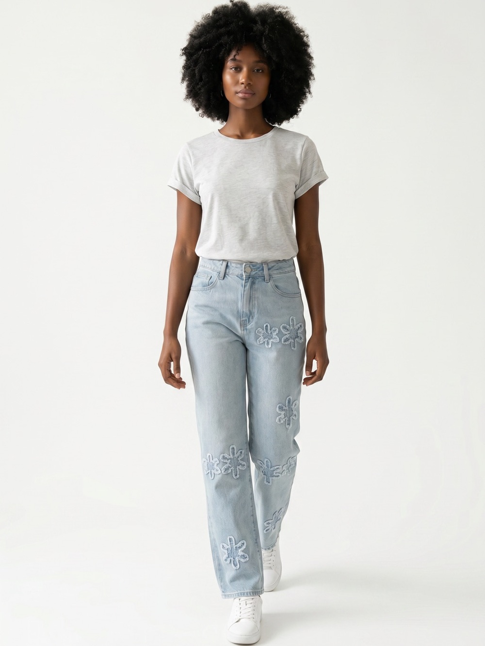 Light Blue Floral-Appliqué Straight-Leg Jeans - Picture 3 of 15